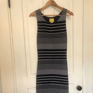 Navy blue and white striped sheath dress